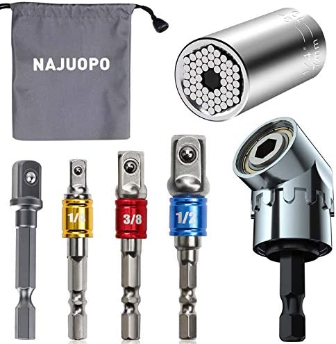 Universal Socket Wrenches Tool, Impact Grade Driver Sockets Adapter Extension Drill Bit Set: 3Pcs 1/4 3/8 1/2″Hex Shank Drill Nut,105 Degree Right Angle Screwdriver Attachment (silver)