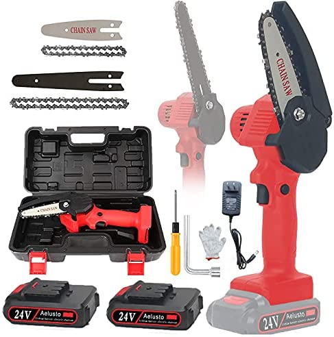 Upgraded 6-Inch Mini Chainsaw, 6-Inch Portable Cordless Power Chain Saw, 4nch&6-inch One-Handed Portable Chain Saw 24V 2000mAh Battery Powered Chainsaw for Gardening Tree Branch Wood Cutting (Red)