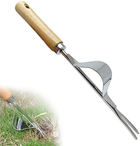 VLVEE Weed Removal Tool, Manual Hand Weeder for Super Easy Weed Removal & Deeper Digging, Stainless Steel Weeding Fork, Ergonomic Natural Wood Handle, Sharp V Nose Digs deep to Roots