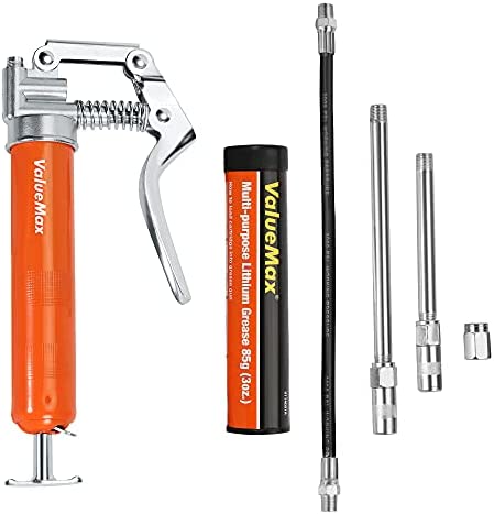 ValueMax Mini Grease Gun Kit (3000 PSI) with 3 OZ Grease, 12” Flexible Hose, 5” & 3” Extension Tubes, Pistol Grip, Reinforced Construction, Fit for Automotive, Marine, Industrial