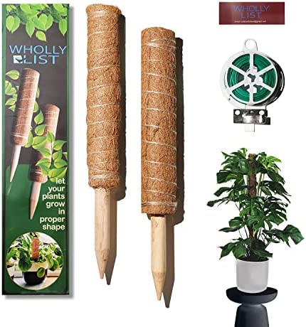 WHOLLY LIST Moss Pole for Plant Monstera, 2-Pack 27.5-inches Moss Poles for Climbing Plants with 20m Garden Twist tie, Coco Coir Totem Stakes for Plant Support to Grow Upwards