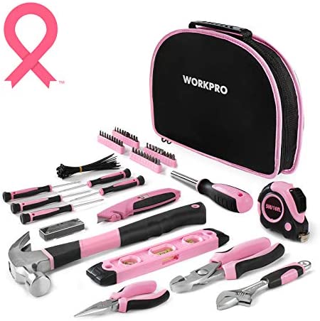 WORKPRO 103-Piece Pink Tool Kit – Ladies Hand Tool Set with Easy Carrying Round Pouch – Durable, Long Lasting Chrome Finish Tools – Perfect for DIY, Home Maintenance – Pink Ribbon