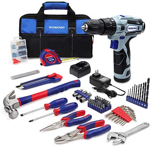 WORKPRO 12V Cordless Drill and Home Tool Kit, 177 Pieces Combo Kit with 14-inch Tool Bag