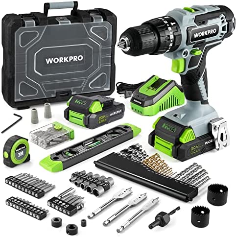 WORKPRO 20V Max Cordless Drill Driver Set, Electric Power Impact Drill Tool with 102 Pieces Accessories, 1/2” Chuck Impact Drill Kit with Portable Case, 2 x 2.0Ah Li-ion Batteries with Fast Charger
