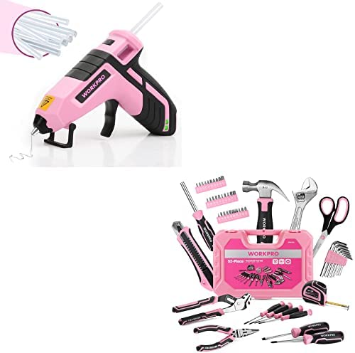 WORKPRO Pink Cordless Hot Melt Glue Gun+52-Piece Pink Tools Set for Women
