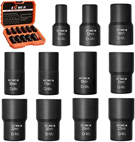 XEWEA Bolt Nut Extractor Set Easy Out Broken Lug Nut Extraction Remover Socket Set for Damaged, Frozen,Studs,Rusted, Rounded-Off Bolts&Nuts Screws- 12Pcs 1/2″ Drive