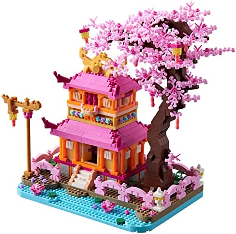YUJNS Sakura Tree House Building Micro Blocks Set Architecture Mini Bricks of Japan Cherry Blossom Bonsai, Enjoy Flower Pavilion Modle Kit Gift for Kids Teen and Adults, 1810 PCS (with 2 Figure)