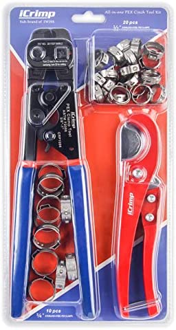 iCRIMP Ratchet PEX Cinch Tool with Removing function for 3/8 to 1-inch Stainless Steel Clamps with 20PCS 1/2-inch and 10PCS 3/4-inch PEX Clamps and Pex Pipe Cutter- All in One