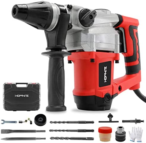 1-1/4 Inch SDS-Plus 13 Amp Heavy Duty Rotary Hammer Drill 3 Functions with Vibration Control Including Grease, Chisels and Drill Bits with Case, Gloves and Carrying Case