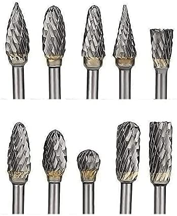 10 Pieces Carbide Double Cut Rotary Burr Set, 1/8″ Shank and 1/4″ Head Length Tungsten Steel Carving Bits for Woodworking Engraving Metal Carving Drilling and Polishing
