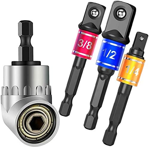 105 Degree Right Angle Drill Screwdriver set Drill Hex Bit,Impact Grade Socket Adapter/Extension Set Turns Power Drill Into High Speed Nut Driver,Sizes 1/4″ 3/8″ 1/2″, Cr-V, 3-Piece (silvery+black)