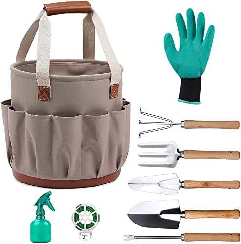 18.5″ x 11″ Super Large Garden Tote and 9 Pcs Tools Set, 18 Pockets Garden Bucket Tool Kit Organizer, Heavy Duty Gardening Hand Tools and Essentials Kit Include Weeder/Rake/Shovel/Trowel and More