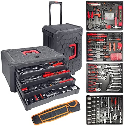 188-Piece Home Repair Tool Kit, General Household Tool Kit, Toolbox Storage Case with Drawer, Tool Set with Wheels, Four-Layer Tool Kit, Tool Set for Men, Gift on Father’s Day