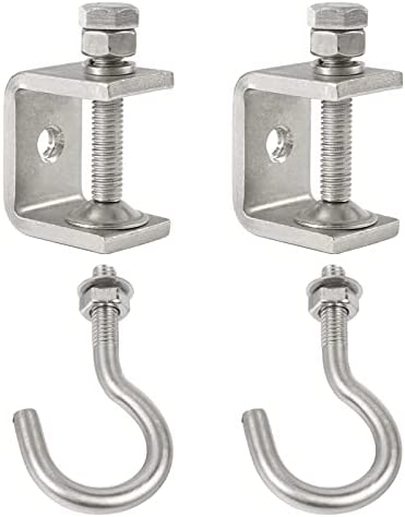 2Pcs Stainless Steel C Clamp with Hooks, Mini 1 Inch C Clamp Comes with Stainless Steel Hook,Stainless Steel Beam Clamp,Table Clamp Hook,with Stable Wide Jaw Opening&I-Beam Design