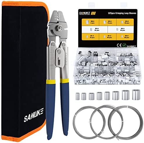 325pcs 8 Sizes Wire Rope Sleeves Kit, Wire Rope Crimping Tool with Bag, Stainless Steel and Wire Rope