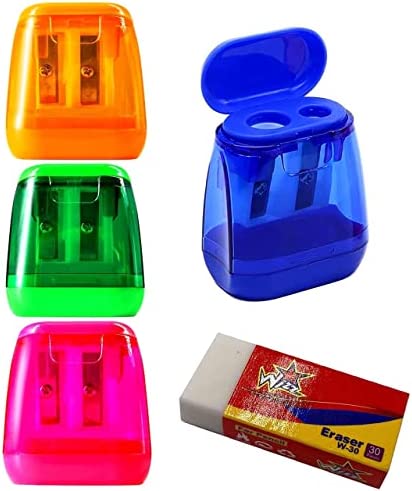 4 Pack of Pencil Sharpeners with 1 Free Eraser, Compact Dual Holes Handheld Pencil Sharpeners with Lid for Kids, Colored Orange Green Blue Pink