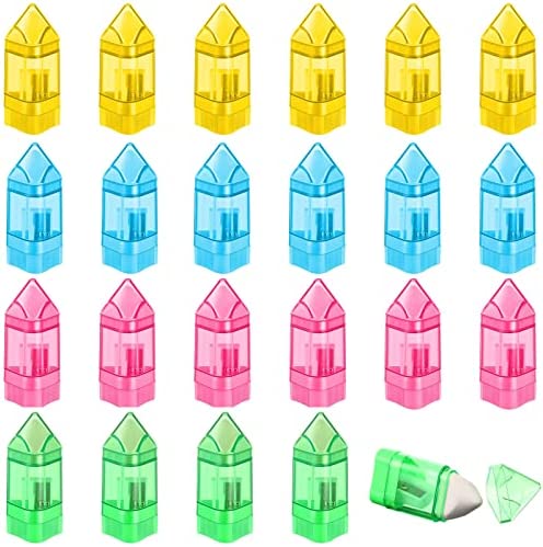 48 Pcs Pencil Sharpeners Manual Small Handheld Pencil Sharpener with Eraser Single Hole Triangular Shape Plastic Crayon Sharpener with Receptacle for Kids Adults Student School Home Office Supplies
