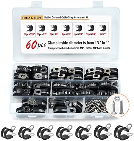 60Pcs Wire Clamps Assortment Kit with 90pcs Screws, 304 Stainless Steel Rubber Cushion Cable Clamp in 7 Sizes 1/4″ 5/16″ 3/8″ 1/2″ 5/8″ 3/4″ 1″ for Wire, Cable, and Hoses Installation