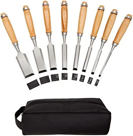 8 Piece Chisel Set for Woodworking with Blade Tip Guard and Storage Pouch (8 Sizes)