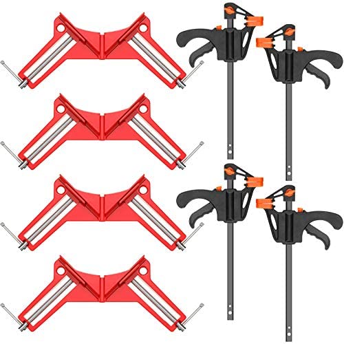 8 Pieces 90 Degree Right Angle Clamp Quick Grip Clamps Set Including 4 Pieces Adjustable Corner Square Clamp 4 Pieces Ratchet Bar Clamps F Clamp Quick Grips for Woodworking DIY