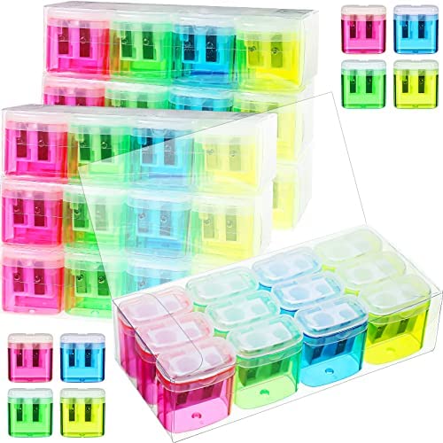 96 Pieces Pencil Sharpeners for Kids Colored Pencil Sharpeners Manual Double Hole Pencil Sharpener with Lid Hand Held Pencil Sharpener with Cover to Catch Shavings for School Office Home