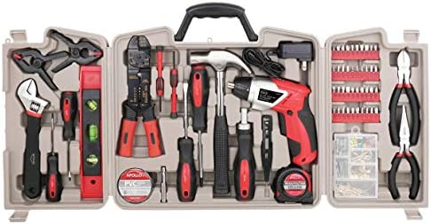 APOLLO TOOLS 161 Piece Complete Household Tool Set with 3.6 Volt Lithium-Ion Cordless Screwdriver and Most Needed Handtools Selection for Boats, Vehicle and Garage – DT0739