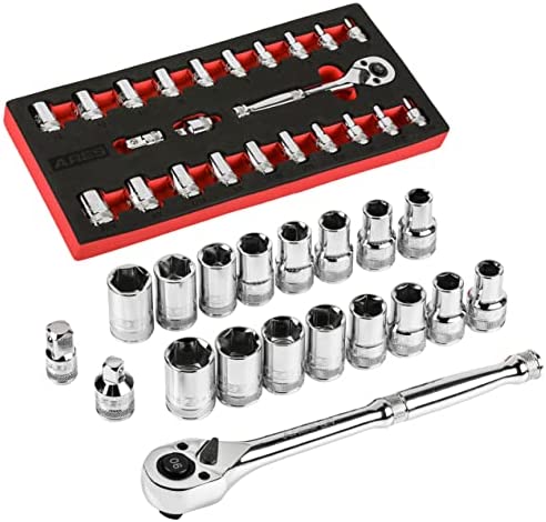 PTSTEL 14 Pieces Socket Wrench Kit, 1/4” Drive Socket Set with 72 Teeth Release Ratchet Wrench and Extension Bar, CR-V Sockets