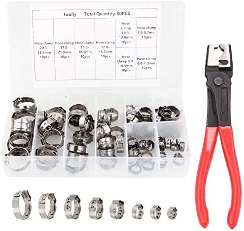 Abuff Single Ear Stepless Hose Clamps Set, 80 PCS 6-23.5 mm 304 Stainless Steel Cinch Clamp Rings with Ear Clamp Pincer for Securing Pipe Hoses and Automotive Use