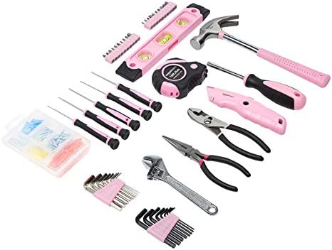 Amazon Basics Household Tool Set with Tool Storage Box – 150-Piece, Pink