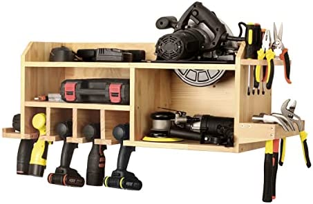 Aomomery Power Tool Organizer Wall Mount,Drill Holder Storage with 5 Tool organizer Slots, Drill Charging Station with Large Space for Wrench, Circular Saw,Wooden Garage Storage