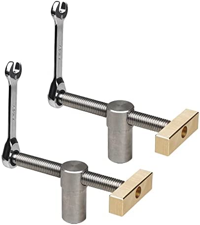 Aospun 2 Sets Bench Dog Hole Clip Clamps, Brass Stainless Steel Quick Fix Woodworking Clamps Adjustable Vise Plus Ratchet Wrench for Benches Joinery Carpenter Tools Fits 19mm