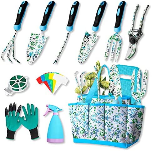Blue Floral Gardening Tool Set, 12 PCS Stainless Steel Heavy Duty Garden Kit Flower Gardening Gifts for Women, Garden Hand Tools with Non-Slip Rubber Handle, Kneeling Pad, Garden Gloves, Storage Tote