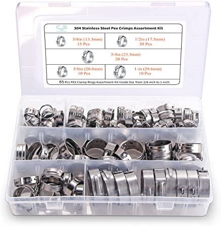 CVS PEX Clamp Assortment Kit, 85 Pieces Stainless Steel PEX Fittings Crimp Rings Cinch Clamps Sizes 3/8’’, 1/2’’, 3/4’’, 5/8’’, 1’’ for PEX Tubing Pipe Fitting Connections (Assortment Kit)