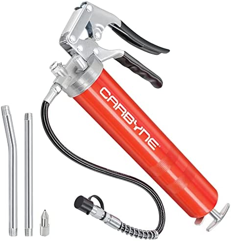 Carbyne Grease Gun – Pistol Grip, 7500 PSI, Heavy Duty Professional Quality, Steel Barrel. 18 inch HD Flex Hose w/Spring, 6 inch Straight & 6 inch Angled Tube, Coupler & Needle Nozzle, 3-Way Loading