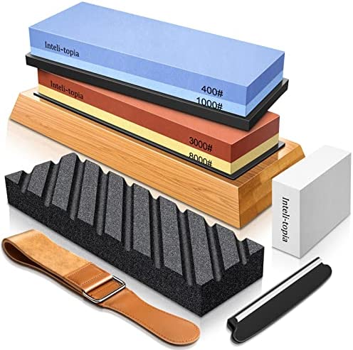 Complete Knife Sharpening Stone Set – Dual Grit Whetstone 400/1000 3000/8000 Premium Whetstone Knife Sharpener with Leather Strop, Flattening Stone, Bamboo Base, 3 Non-slip Rubber Bases & Angle Guide