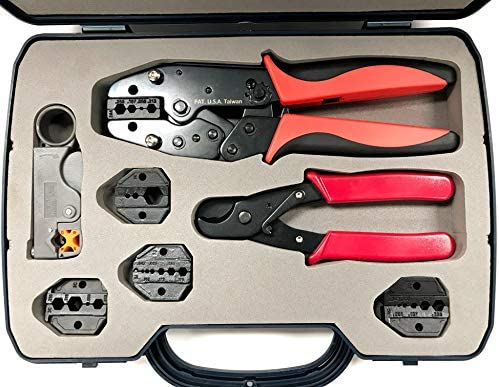 ConnectoRF Heavy Duty Quick Change Ratchet Crimping Tool Kit for Coaxial Cable With Crimper Cutter Stripper and 4 Die Sets