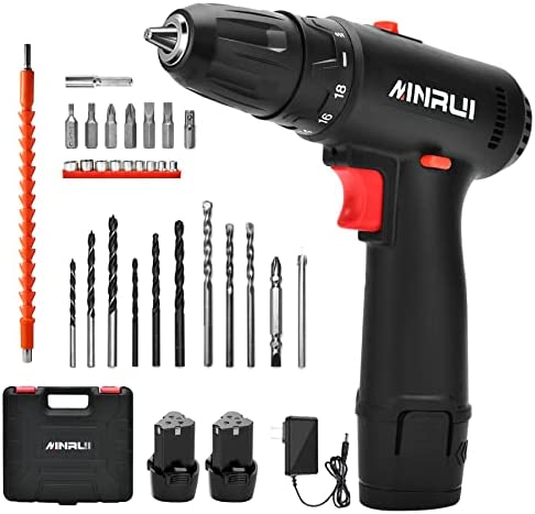 Cordless Drill/Driver Set with 2 Batteries, MINRUI Power Screwdriver 12.6V Flame-Retardant Electric Drill Tool Kit, 3/8″ Keyless Chuck, 300 In-Lb Torque, Variable Speed, Built-in Led, Unique Design