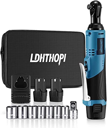 Cordless Electric Ratchet Wrench, LDHTHOPI 12V 3/8 Inch 46 Ft-lbs Power Ratchet Wrench Tool Kit with Charger, Variable Speed, 2 Pack 2.0Ah Lithium-Ion Batteries, 7 Sockets, 1/4″ Adapter