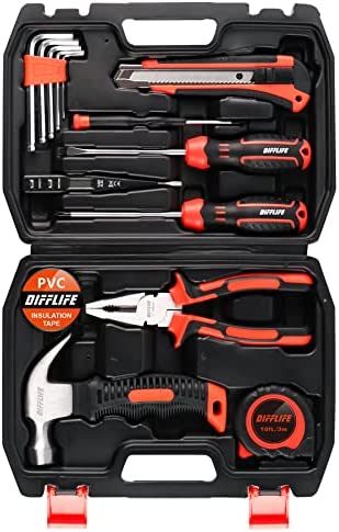 DIFFLIFE Tool Sets Household Tool Kit 15-Piece,General Home/Auto Repair Tool Set with Hammer, Pliers, Screwdriver Set and Toolbox Storage Case – Perfect for Homeowner, Diyer, Handyman (15-Piece)