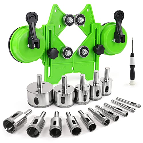 Diamond Hole Saw Kit 17PCS Tile Drill Bits Sets with Double Suction Cups Hole Saw Guide Jig Fixture from 4mm-83mm Hollow Drill Hole Saw Set for Ceramic, Glass, Tile, Porcelain, Marble, Granite
