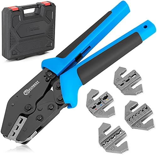 EMS 9″ Plus Ratcheting Wire Crimping Tool Kit – With 4 Magnetic Crimping Dies for Connectors, Terminals – Quick Change & Release, Long Handle for Better Leverage, Angled Head for Easy Viewing