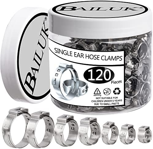 Ear Hose Clamp, BAILUK 120Pcs 8 Sizes 304 Stainless Steel Single Ear Hose Clamps, 1/4 inch – 53/64 inch Crimp Hose Clamp Assortment Kit Ear Stepless Cinch Rings(Single Ear Hose Clamps Kit)