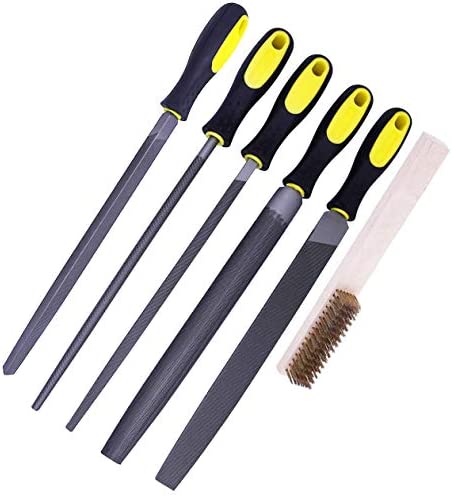 Fatmingo 5 Piece 10″ High Carbon Steel Files Set Rubber Handles – Flat/Round/Square/Half Round Rasp Files Set Filing Metal/Wood/Leather with Storage Pouch and A Brass Brush