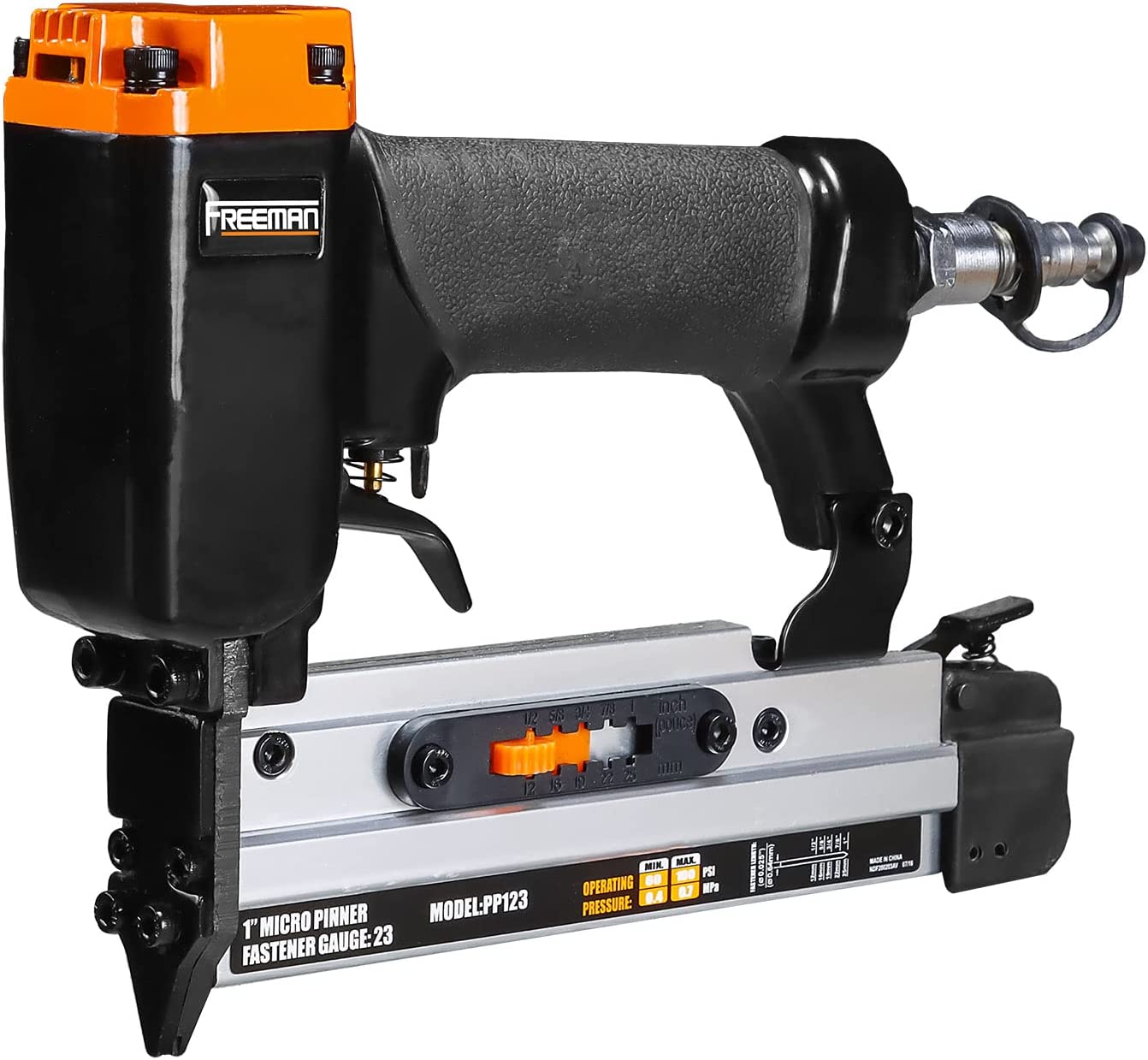 Freeman PP123 Pneumatic 23-Gauge 1" Micro Pinner Ergonomic and Lightweight Nail Gun with Safety Trigger and Pin Size Selector for Crafts, Moulding, and Picture Frames