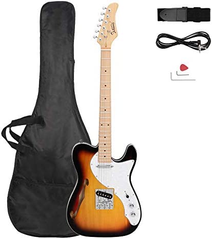 GLARRY 39″ GTL Semi Hollow Electric Guitar F Hole Full Size Basswood Body Maple Neck Right Hand with Accessories, Shoulder Strap, Wrench Tool, Power Line and Bag (Sunset)