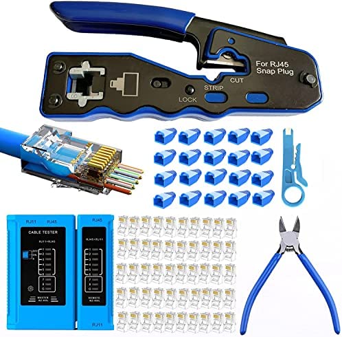 Gaobige RJ45 Crimp Tool Kit Pass Through, Cat5 Cat5e Cat6 Cat6A Crimping Tool with 50PCS RJ45 Cat6 Pass Through Connectors, 20PCS Covers, Cable Tester, Cutter, Wire Stripper