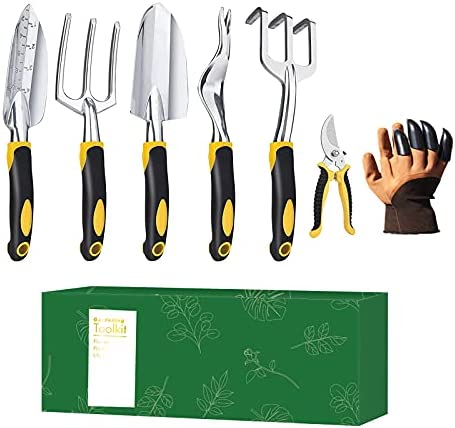 Garden Tools Set, 7 PCS Heavy Duty Gardening Tools with Garden Gloves,Outdoor Garden Kit Includes Trowel,Transplanting Trowel Hand Rake, Cultivator, Weeder, Pruning Shears, Gardening Gifts