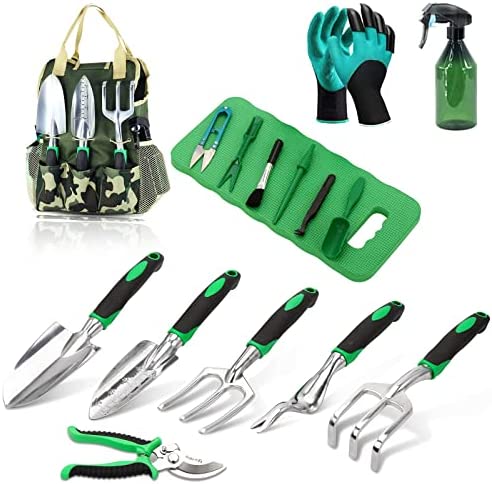 Garden Tools Set, Gardening Gifts for Woman, Birthday Gifts for Mom, Heavy Duty Aluminum Hand Tool with Gardening Gloves,Tote,Kneeling Pad,Hand Pruner,Trowel,Hand Rake,Weeder,Fork,Transplanter