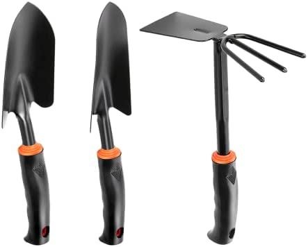 Garden Tools Set, Heavy Duty 3 Pack Gardening Kit Including Hand Trowel, Transplant Trowel, Double Hoe 3 Prongs – for Weeding, Loosening Soil, Digging, Planting and More, Garden Gifts for Men Women