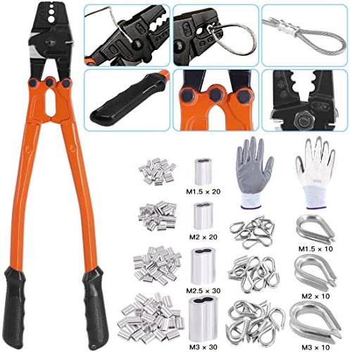 Glarks 132Pcs 14” Long 1/16, 5/64, 3/32, 7/64, 1/8 inch Wire Rope Crimping Tool with Wire Rope Crimp Ferrules, Stainless Steel Cable Thimbles and Anti-Cutting Gloves